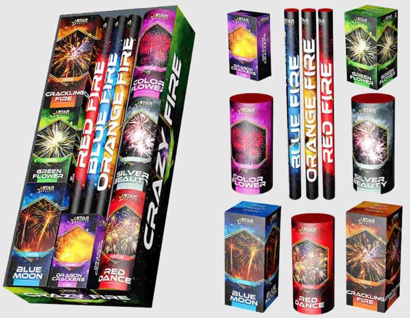 Crazy Fire ist ein10 teiliges Jugendpaket mit verschiedenen bunten Fontänen und 3 Fackeln  von Magnum Feuerwerk