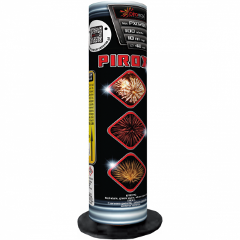 Pirox ist ein römisches Licht mit roten Sternen, grünen Sternen und silbernen Kometen von Piromax feuerwerk